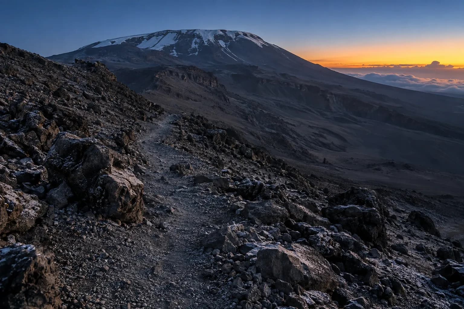 The rocky alpine-desert route above Barafu before dawn