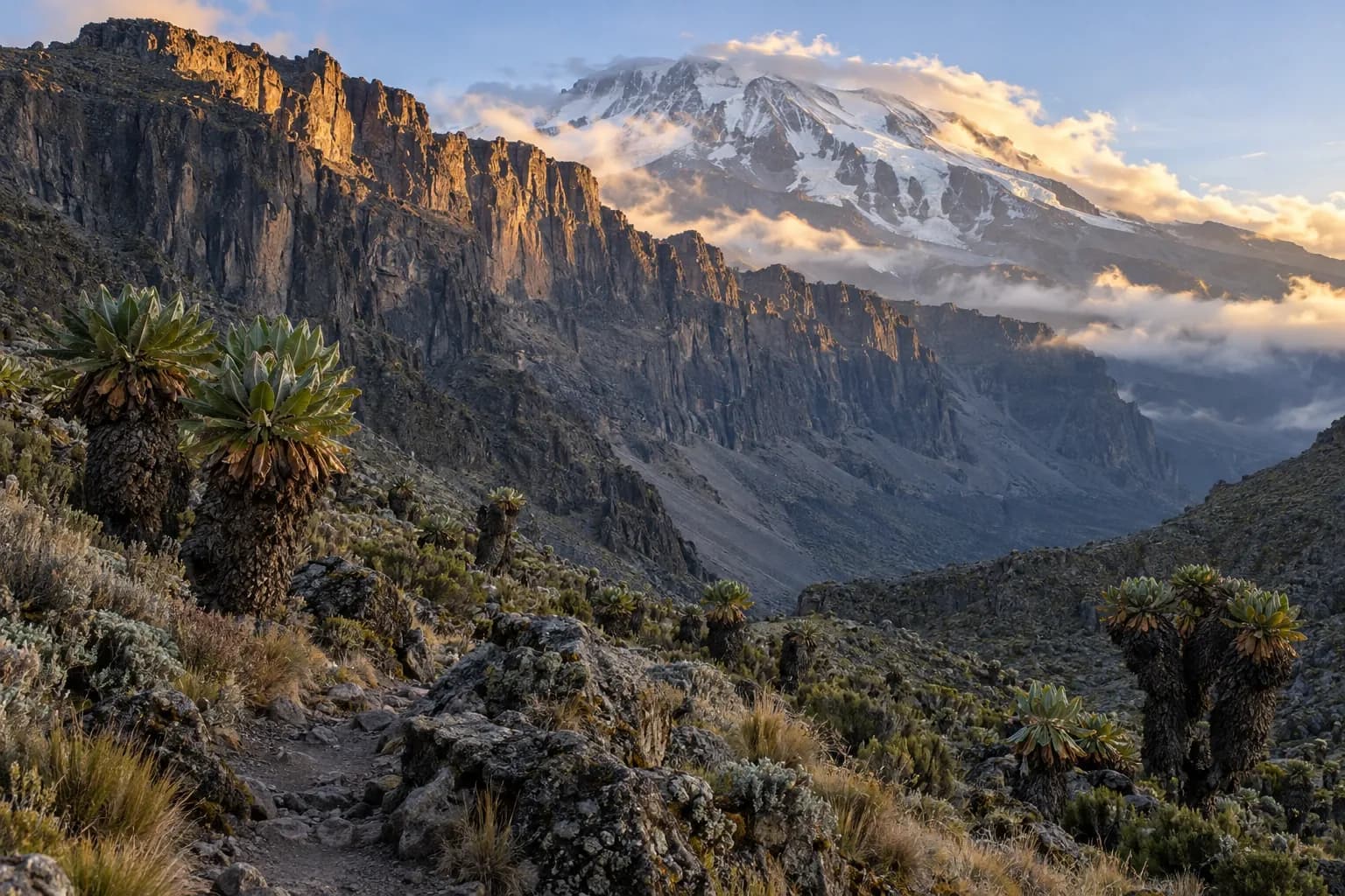 Barranco Wall and Kibo above Kilimanjaro's Afro-alpine moorland