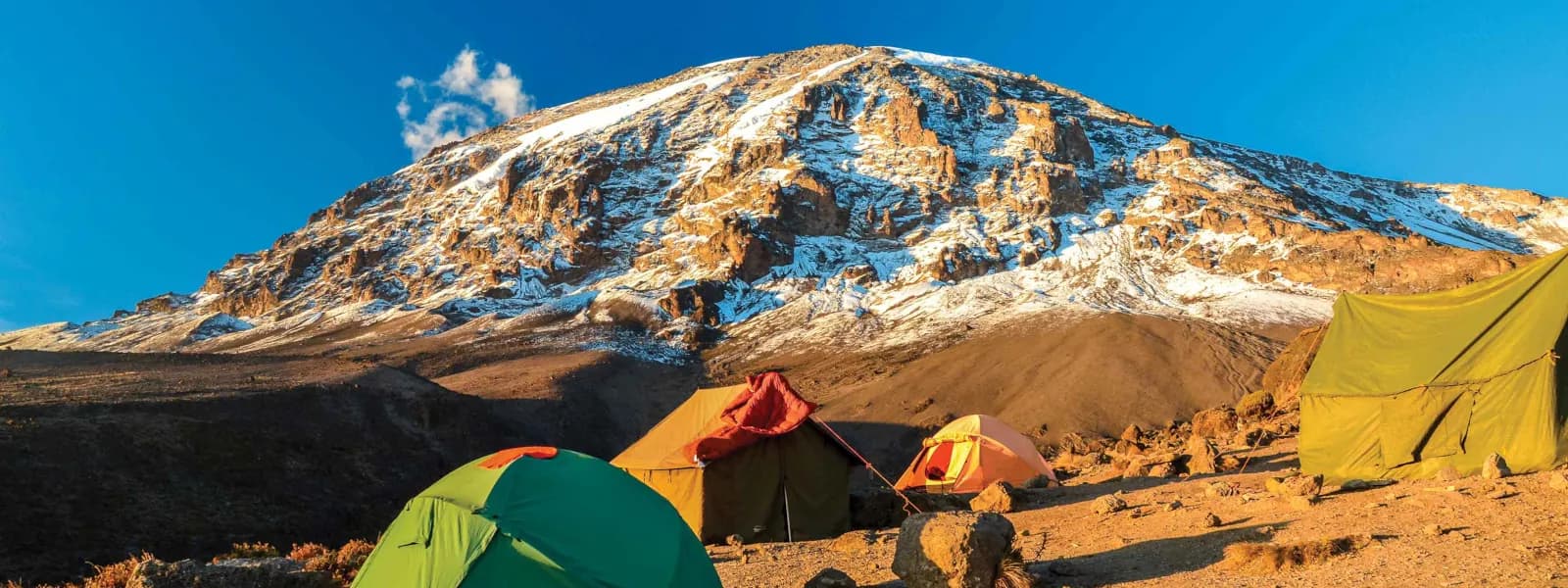 Trekking tents at a high camp with Kilimanjaro's summit behind