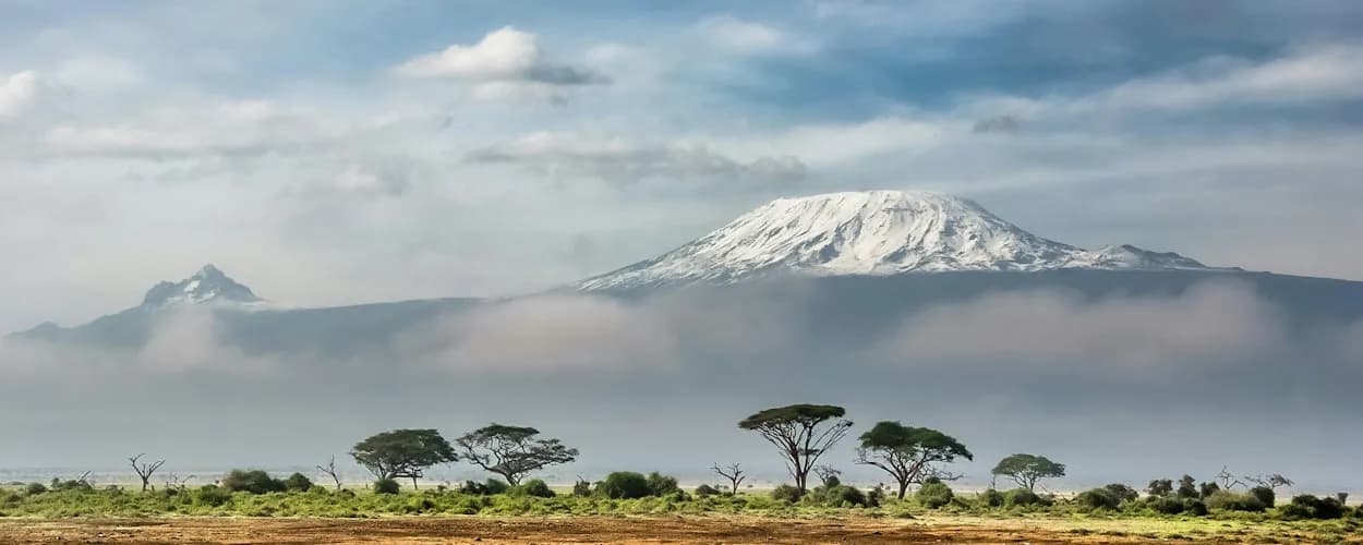 Kilimanjaro rising above the plains and acacias