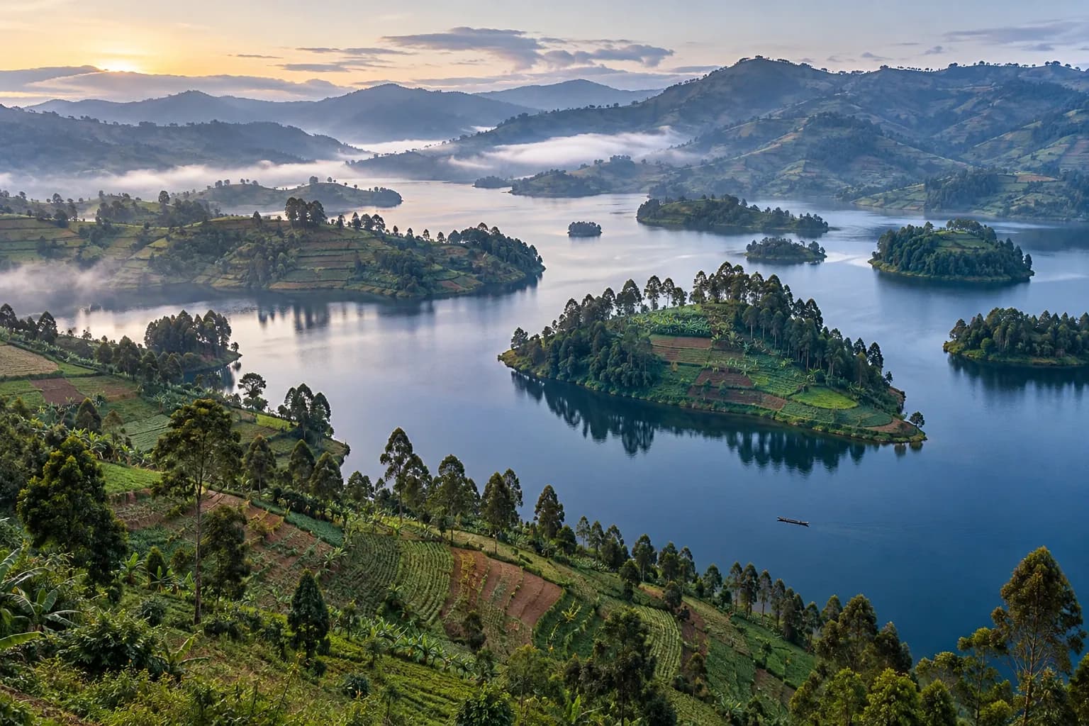 Lake Bunyonyi's island-filled waters and terraced highland slopes at dawn