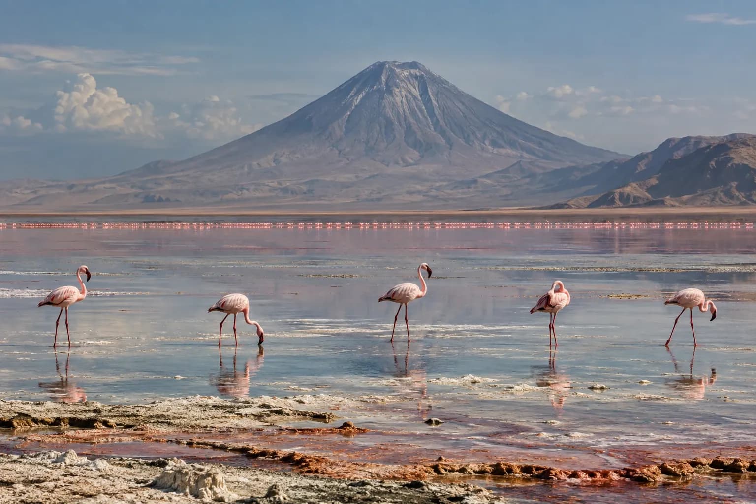 Lesser flamingos on Lake Natron beneath Ol Doinyo Lengai