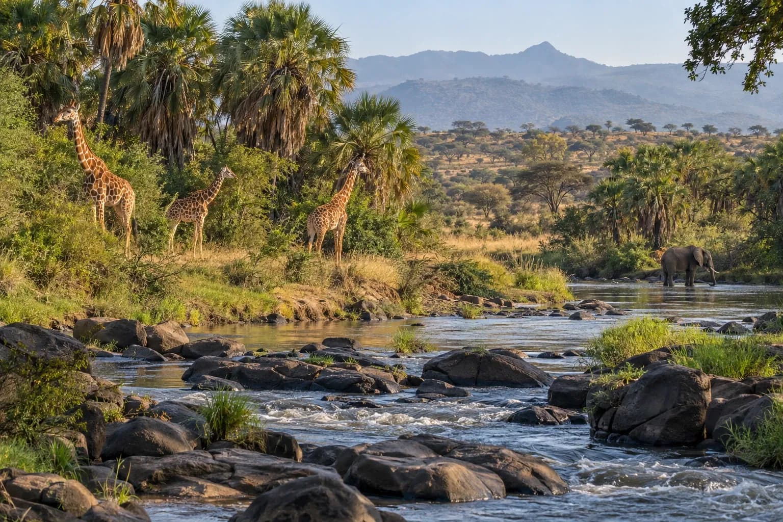 Reticulated giraffes and an elephant beside a river in Meru National Park
