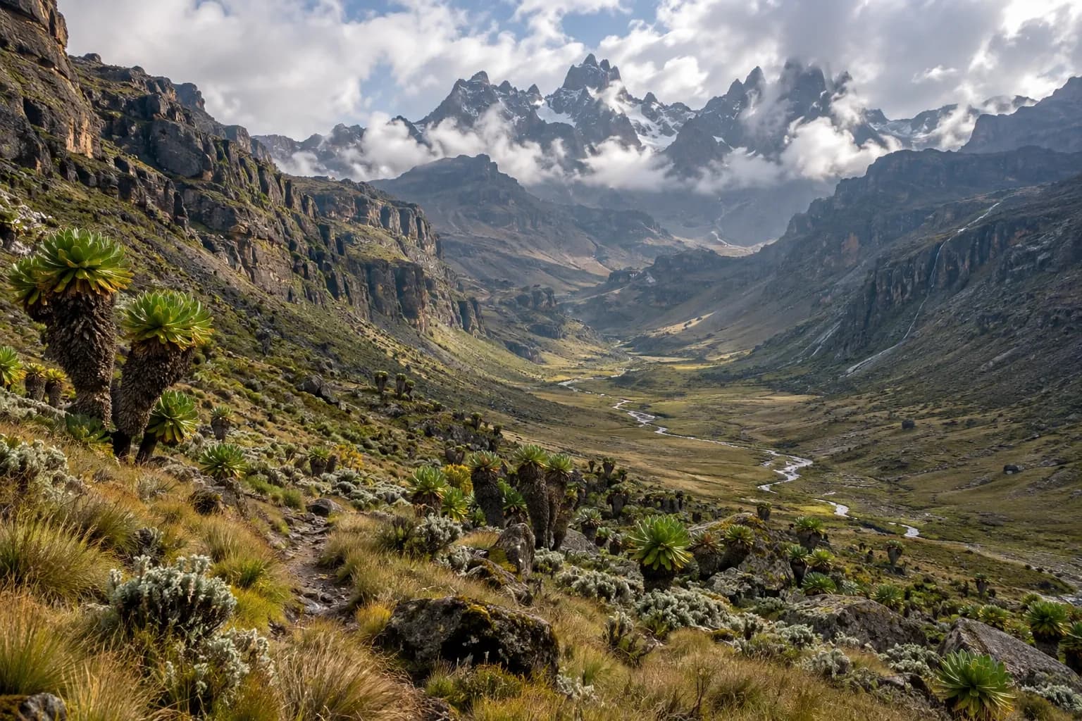 The stream and volcanic walls of Gorges Valley on Mount Kenya