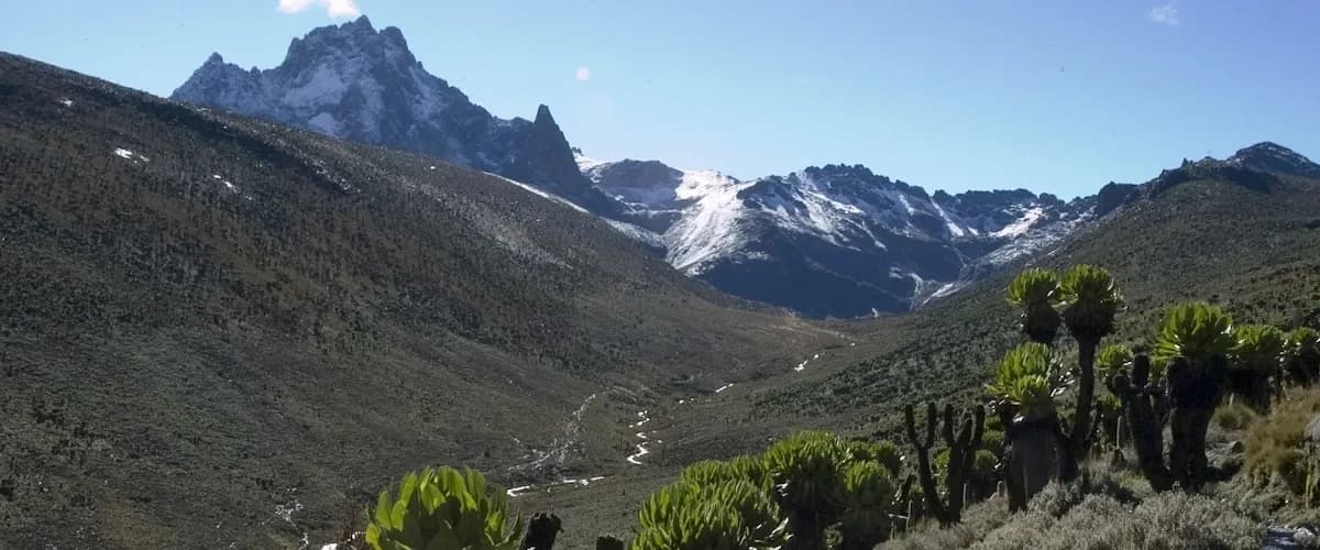 Moorland valley leading up to Mount Kenya's peaks