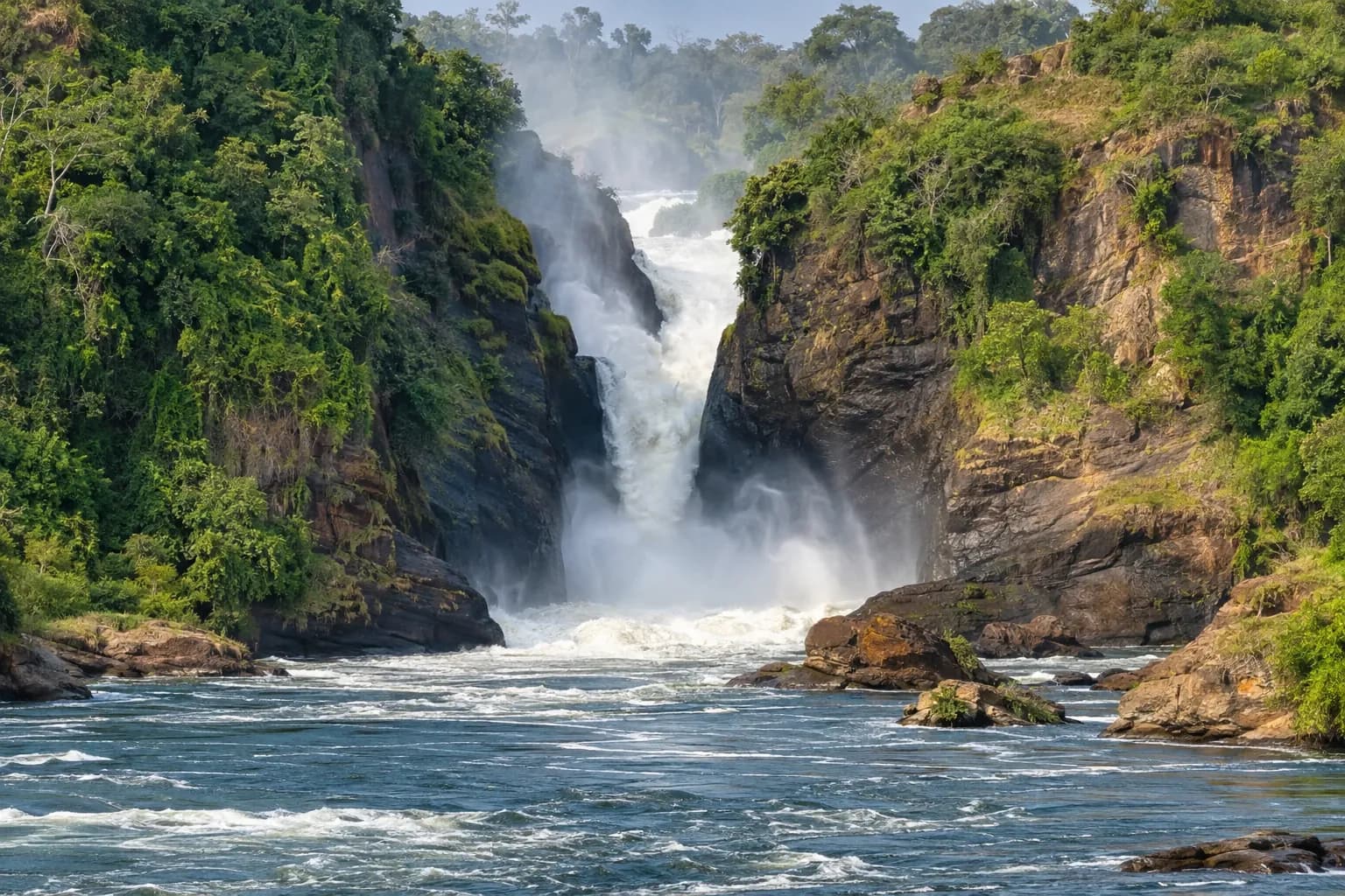 The Victoria Nile bursting through the narrow gorge at Murchison Falls
