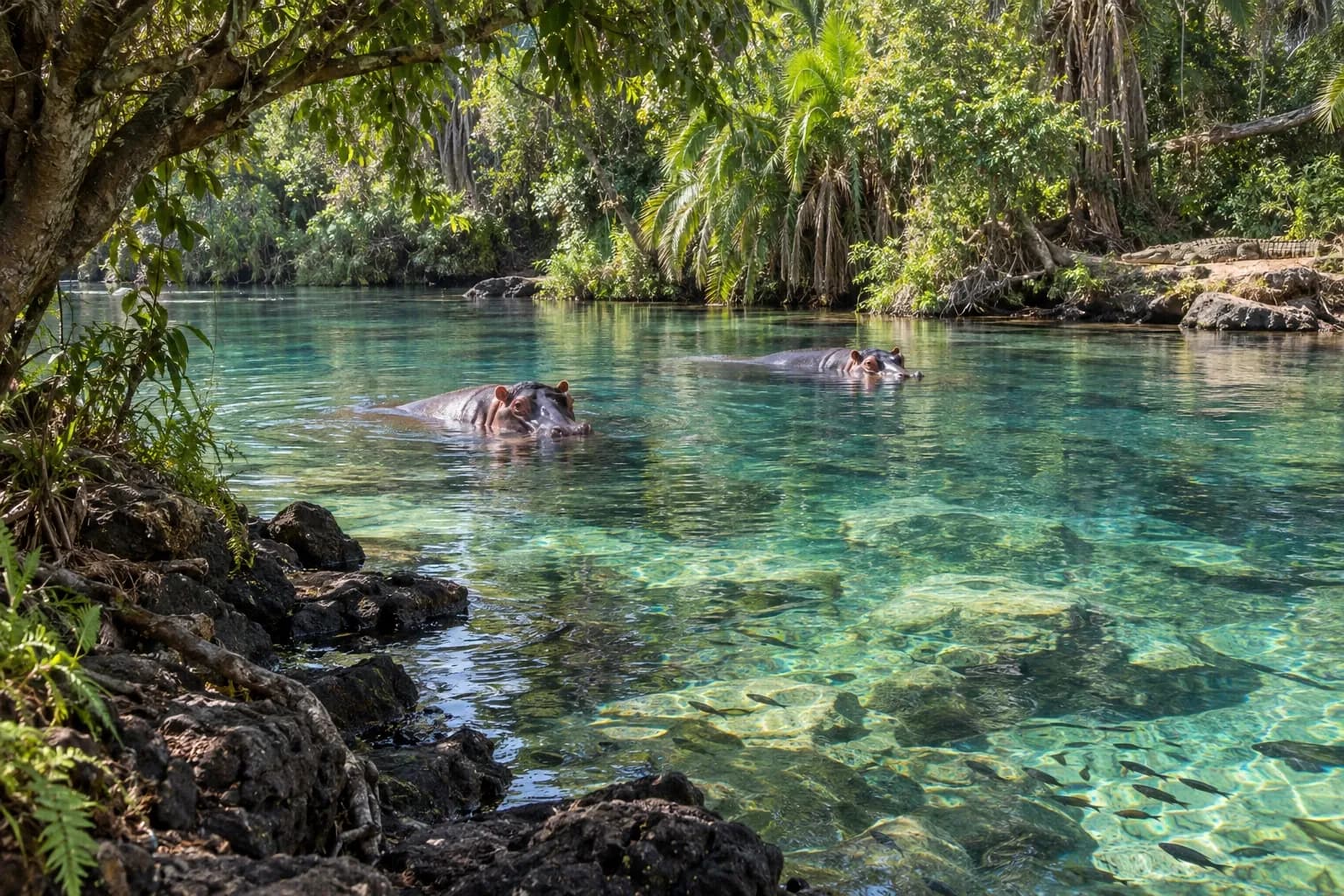 Hippos in the clear spring-fed pools of Mzima Springs