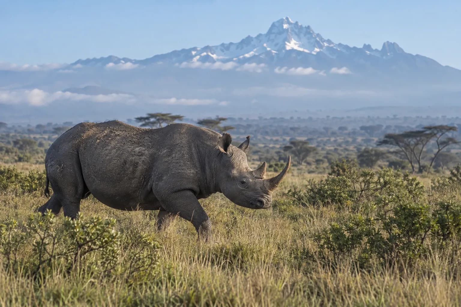 Black rhino on the Laikipia plain with Mount Kenya behind