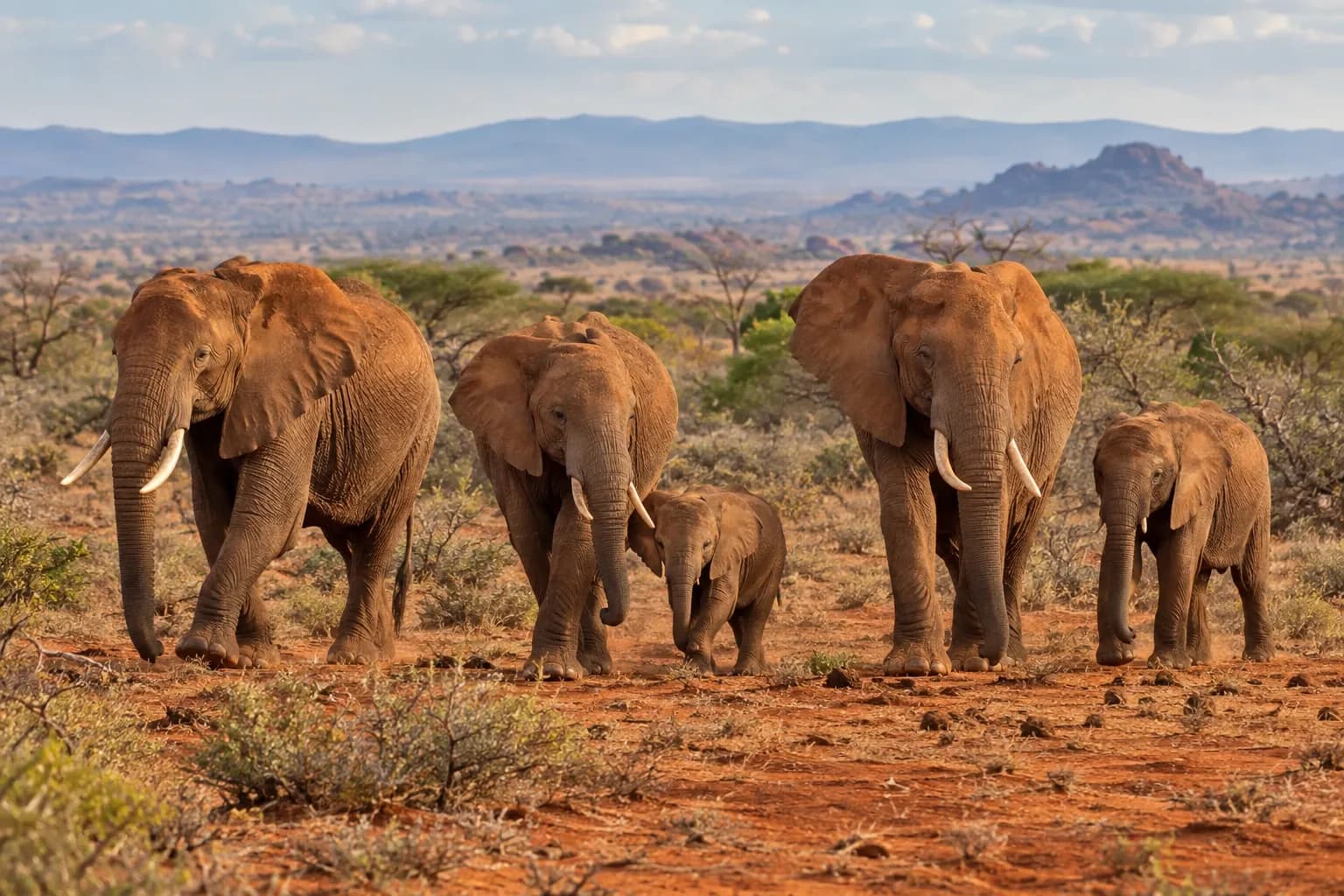 Red-dusted elephant family crossing the rust-red plains of Tsavo East