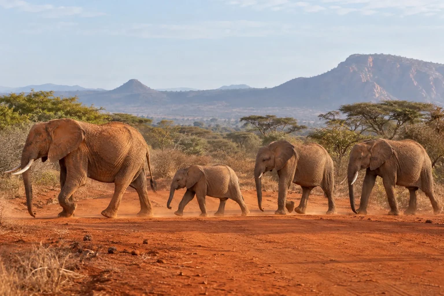 Red-dusted elephant family crossing a broad Tsavo East track