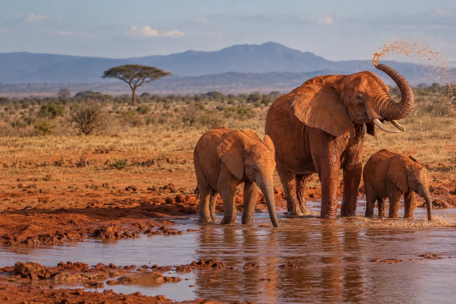 Red-dusted elephant family at a Tsavo East waterhole