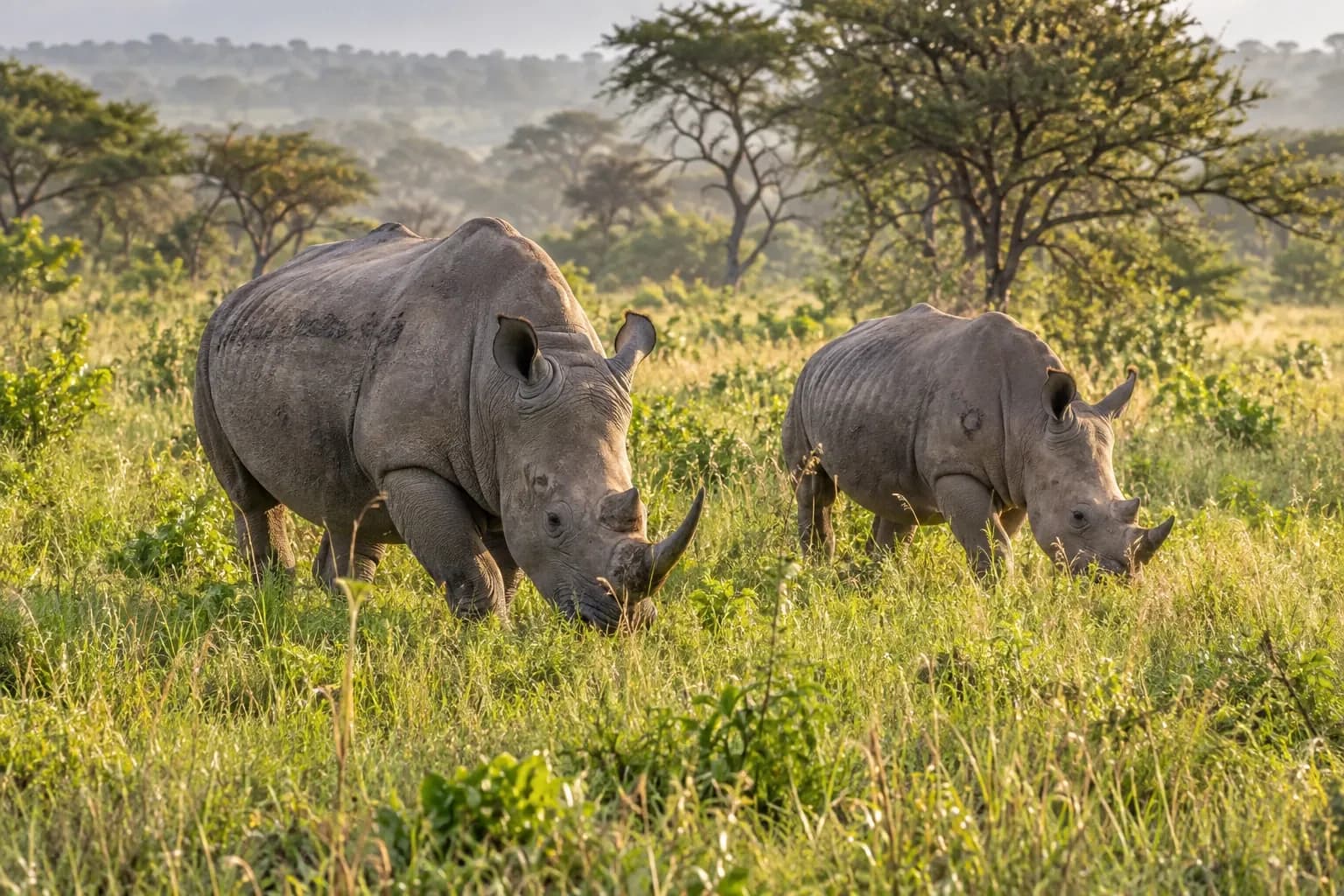 Southern white rhino mother and calf grazing at Ziwa